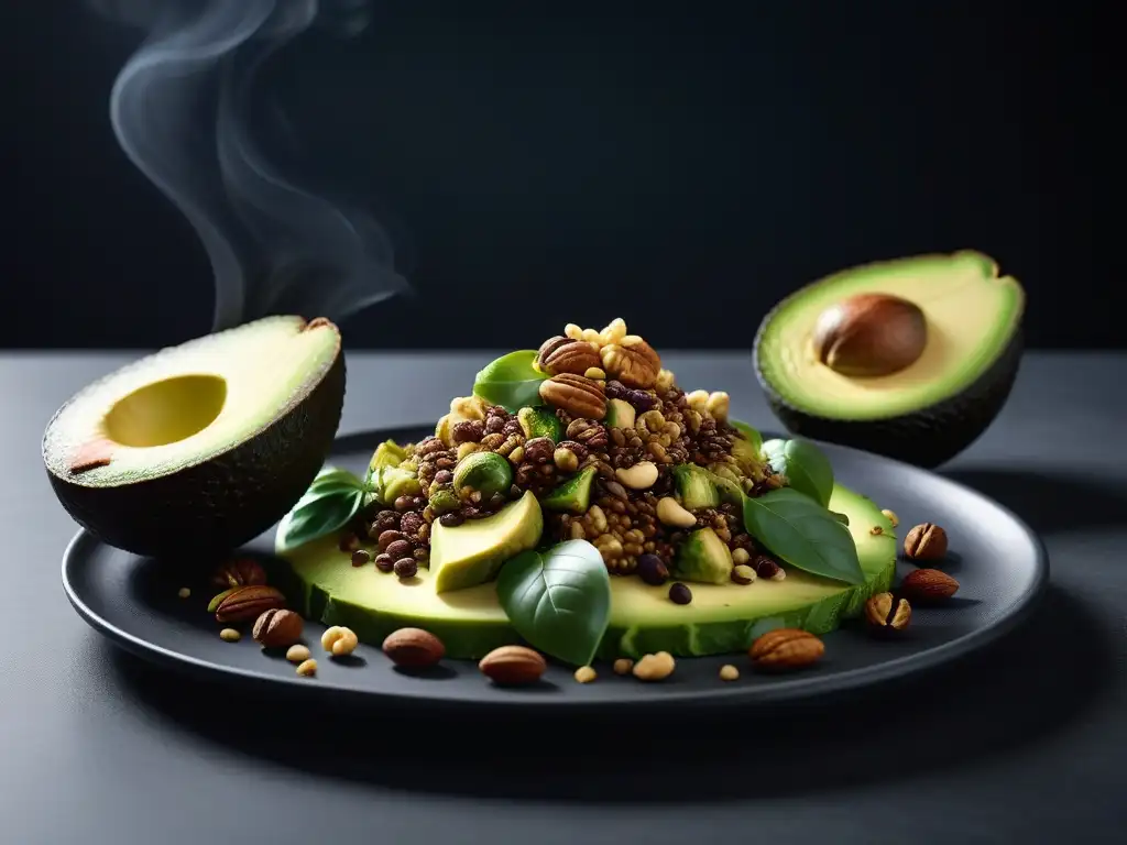 Un festín vegano de Omega 3: aguacate, chía, nueces, semillas de lino y coles de Bruselas sobre una mesa moderna