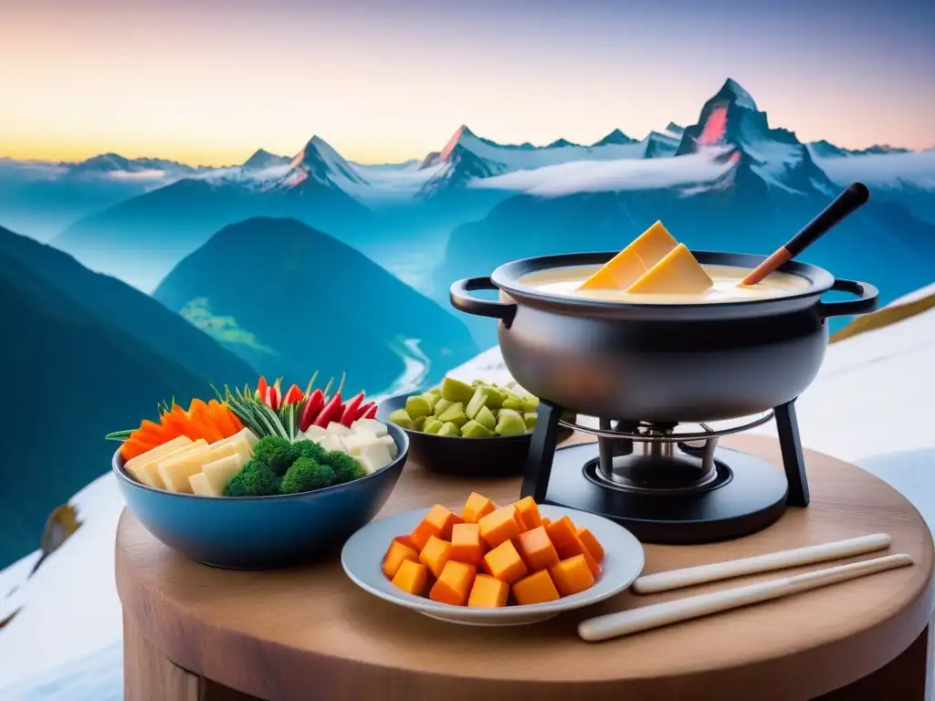 Un festín vegano suizo con fondue, vegetales coloridos y queso vegano, ante montañas nevadas