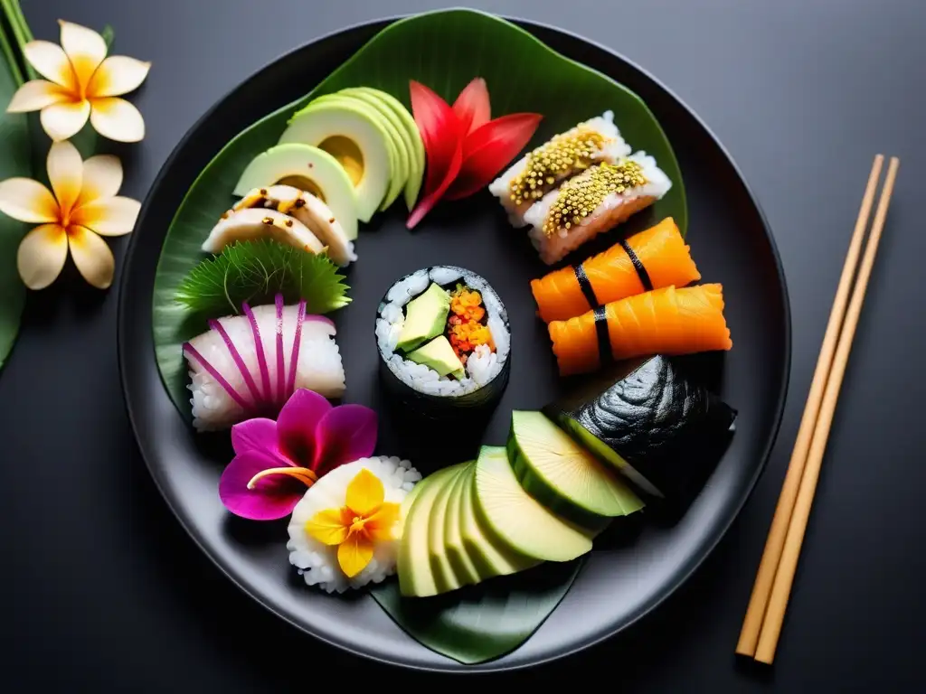 Un festín vegano de sushi creativo y colorido en plato negro, ideal para explorar la cocina vegana asiática para principiantes