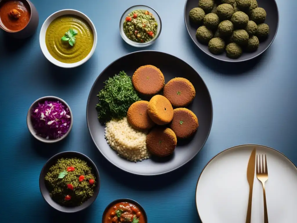 Un festín vegano medioriental: falafel, hummus, tabbouleh y hojas de parra