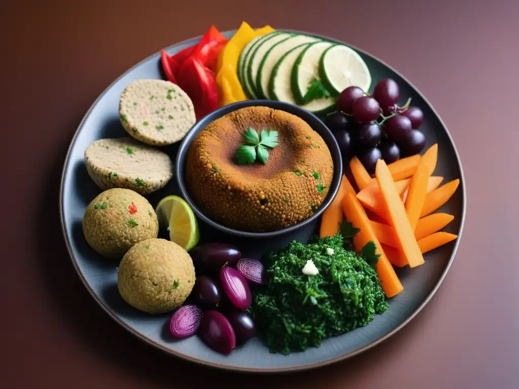 Un festín vegano de Medio Oriente: falafel, tabbouleh, hummus, baba ghanoush, hojas de parra rellenas y pan pita en vibrantes colores