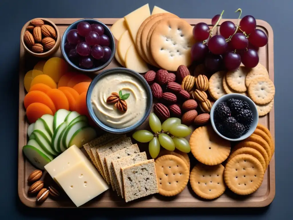 Un festín vegano: tabla de embutidos colorida con quesos, frutas, nueces y crackers, ¡Snacks veganos originales y deliciosos!