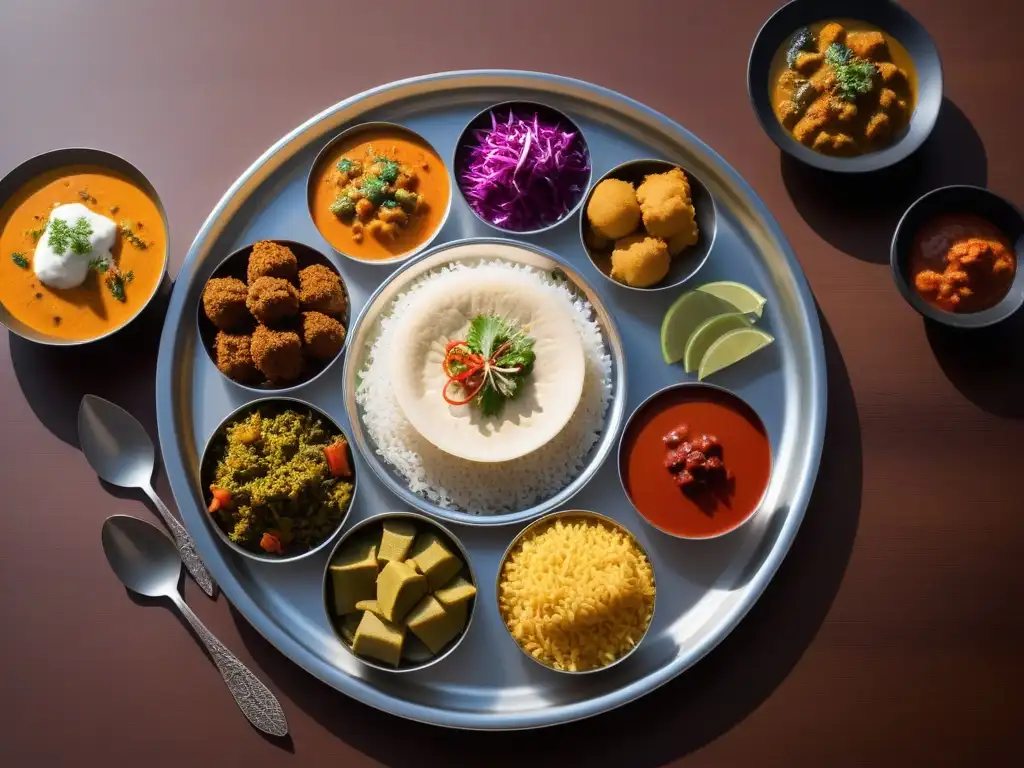 Un festín vegano tradicional de la India en un thali de acero inoxidable, rodeado de diseños y patrones hindúes