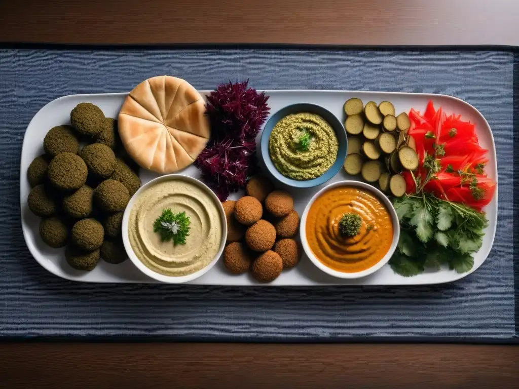 Festín vegano tradicional de Oriente Medio en una mesa bellamente decorada, con hummus, falafel, tabulé y pan pita recién horneado