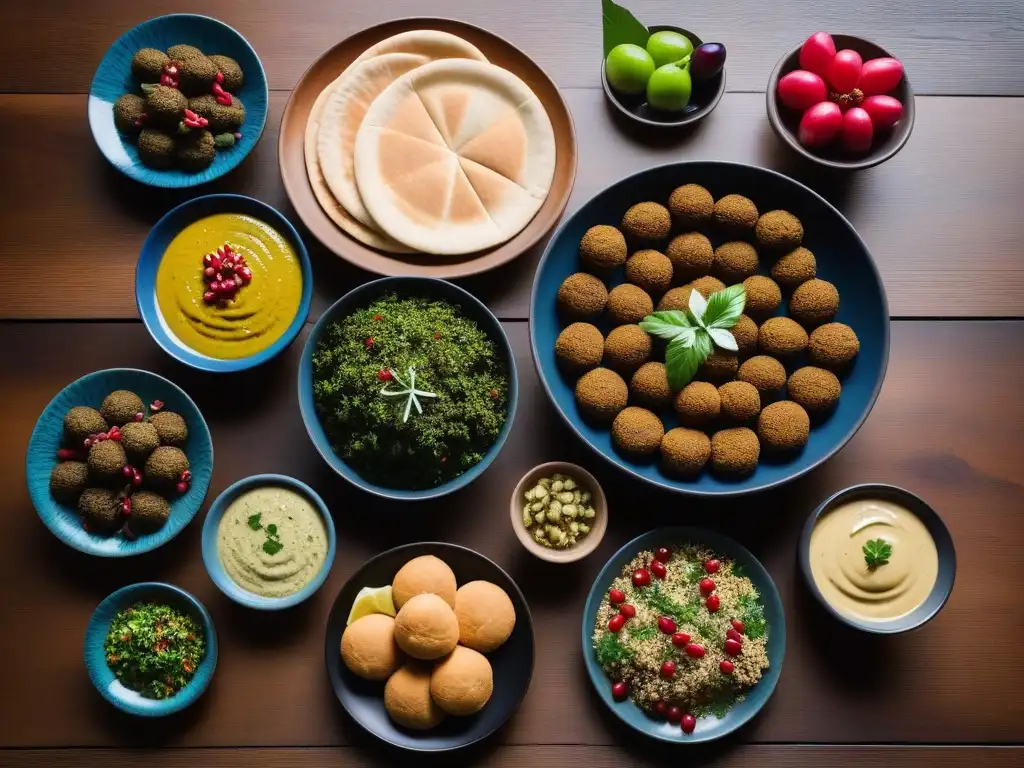 Un festín vegano tradicional de Medio Oriente en una mesa rústica de madera