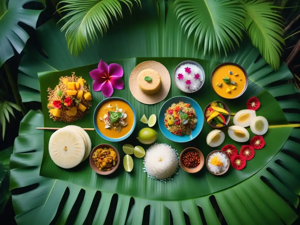 Festín vegano en hoja de plátano: sabores del Sudeste Asiático Un festín vegano tradicional del sudeste asiático en un jardín tropical exuberante