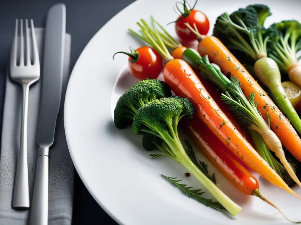 Un festín vegano de verduras sous vide, con zanahorias, brócoli y tomates cherry en un plato blanco minimalista