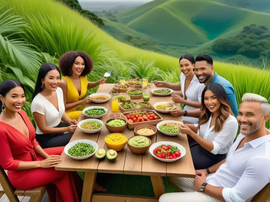 Un festín vegano para viajeros en armonía con la naturaleza y la diversidad, celebrando la comida y la comunidad