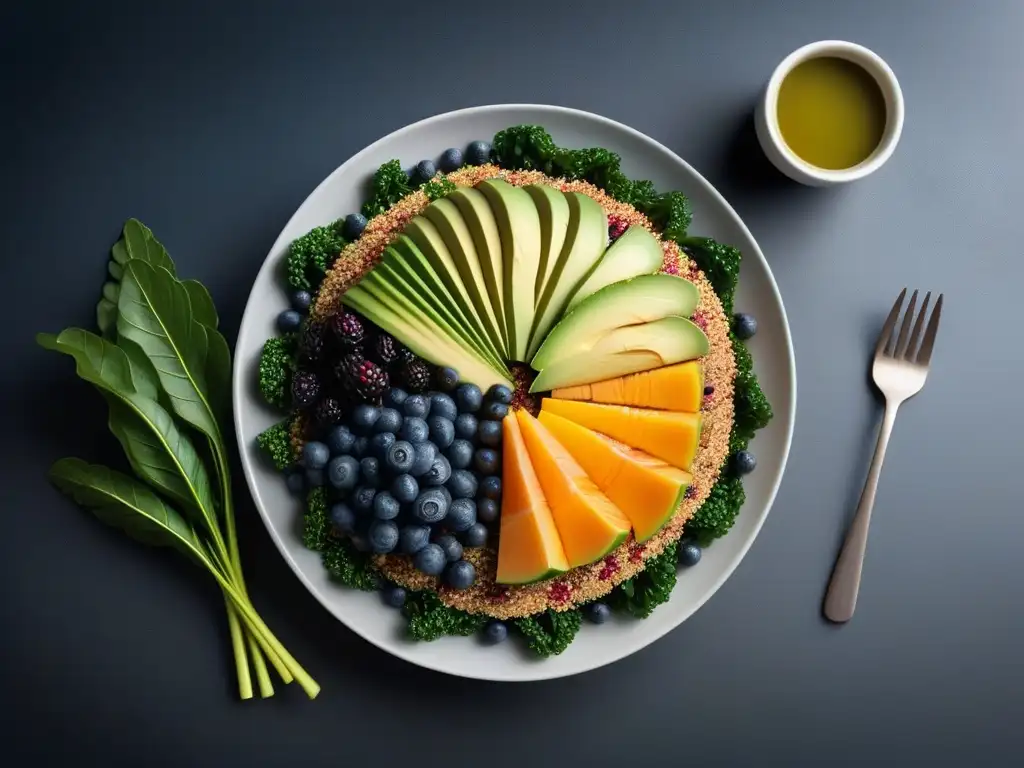 Un festín vegano vibrante con kale, quinoa, chía, arándanos y aguacate