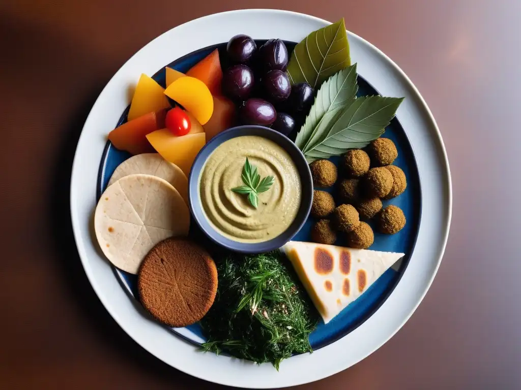 Un festín vegano de Medio Oriente: mezze vibrante y colorido con hummus, falafel, tabbouleh y más en una hermosa presentación