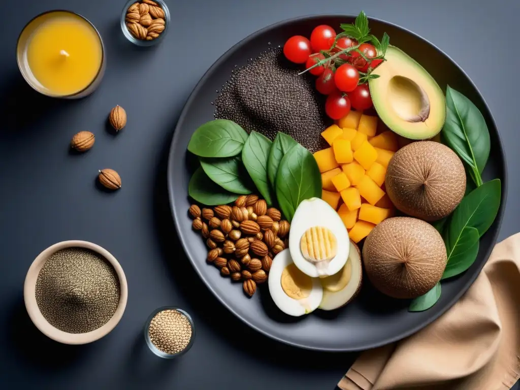 Un festín vegano vibrante y colorido con alimentos ricos en Omega3