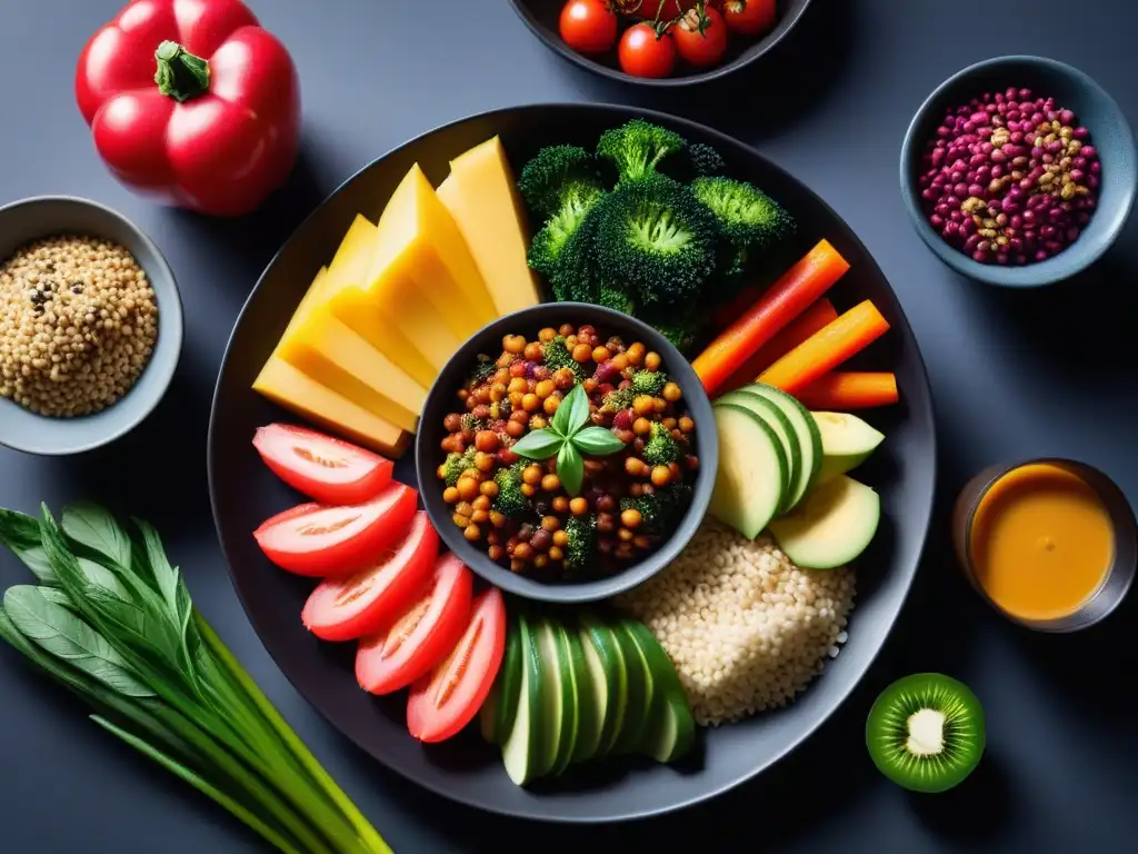 Un festín vegano vibrante y colorido en una mesa elegante y moderna