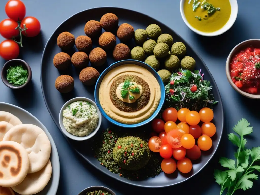 Gastronomía vegana de Oriente Medio: Placer visual Un festín vegano medioriental vibrante y detallado que muestra los beneficios de la dieta vegana medioriental
