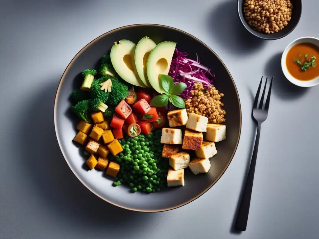 Un festín vegano vibrante y diverso en platos minimalistas, destacando recetas veganas almuerzo fácil