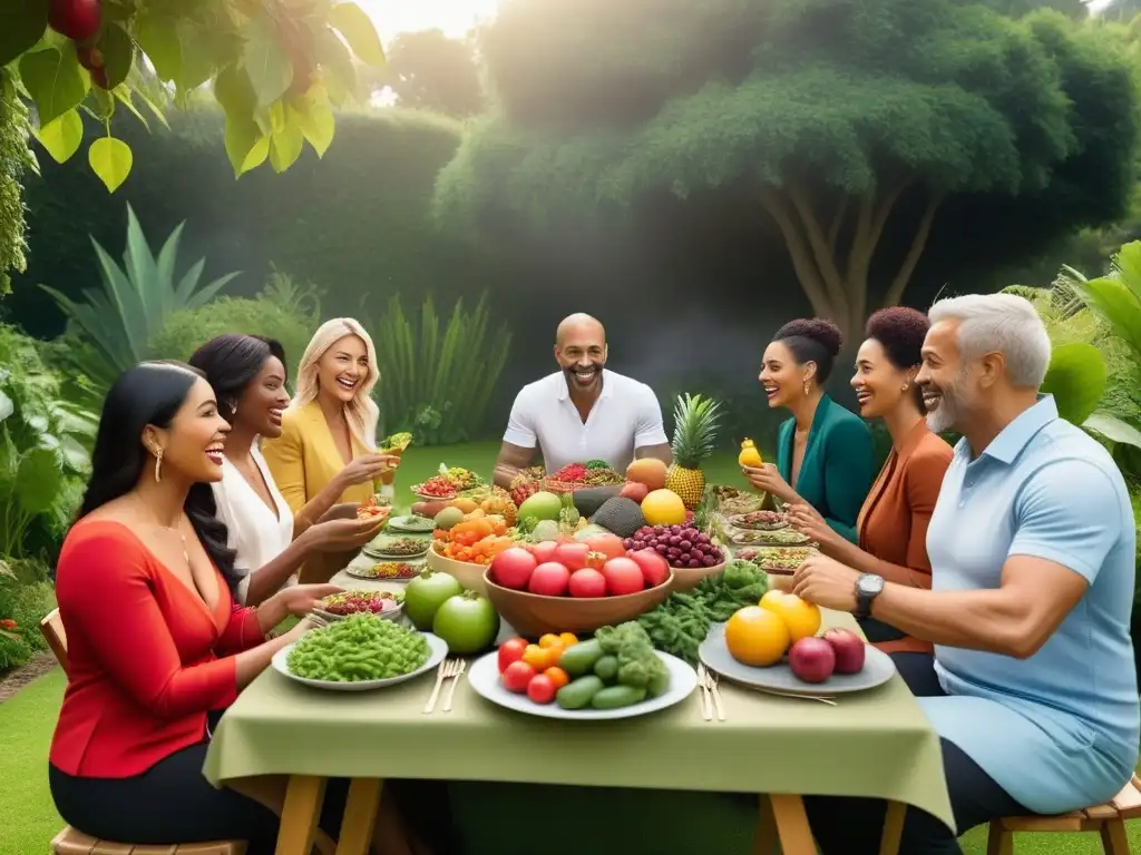 Un festín vegano vibrante y diverso en un jardín exuberante