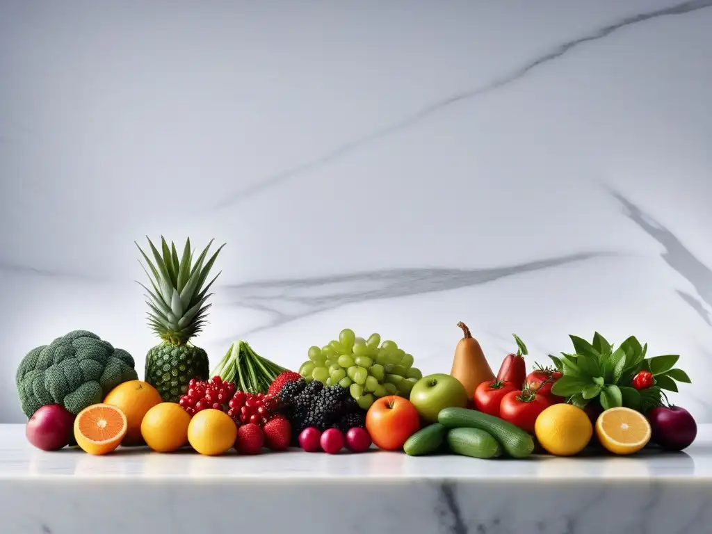 Un festín vegano vibrante con frutas y verduras frescas en un elegante mostrador de mármol blanco