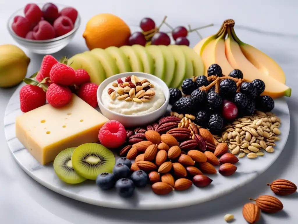 Un festín vegano vibrante con frutas, nueces, semillas y quesos veganos, creando una presentación original y deliciosa