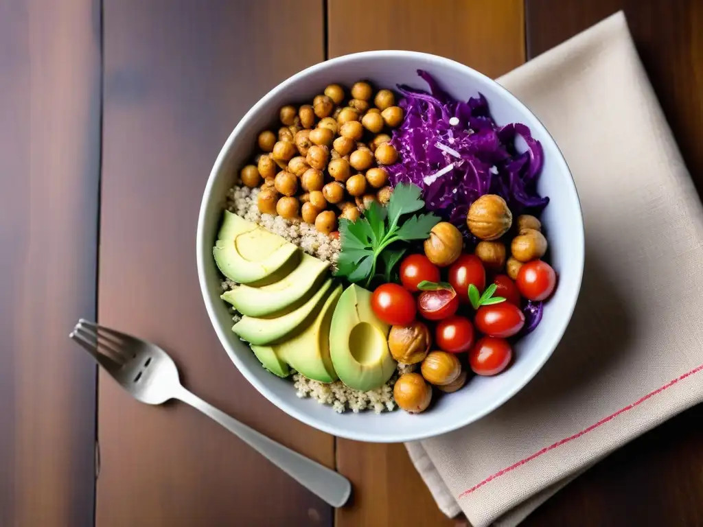 Un festín vegano vibrante con quinoa, garbanzos, aguacate, tomate, repollo morado y aderezo de tahini