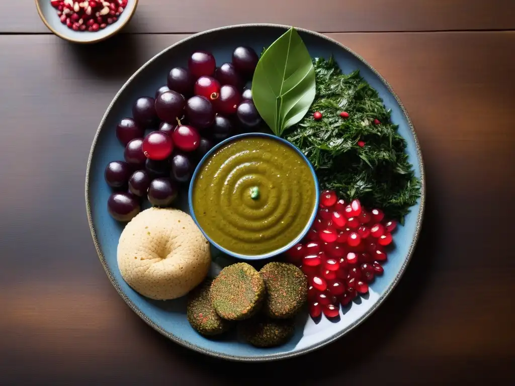 Un festín vegano vibrante de Oriente Medio: mezze con falafel, hummus, tabbouleh y hojas de parra rellenas