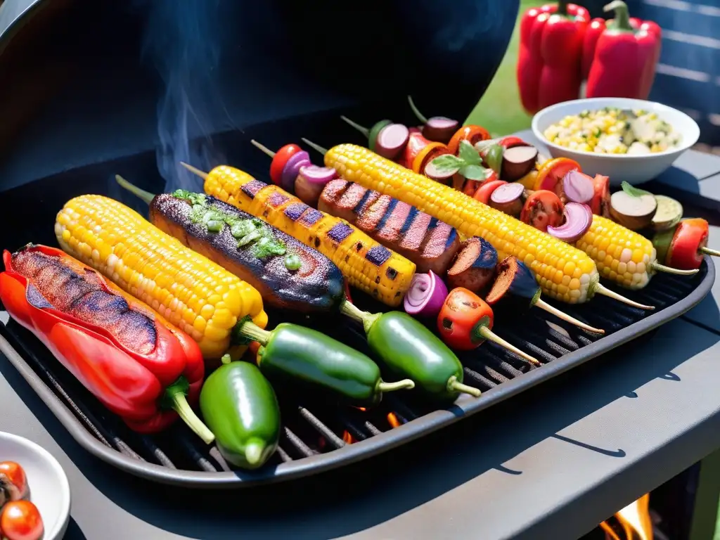 Un festín vegano y vibrante en parrillada Latina: verduras a la parrilla, chorizo y portobellos, en un ambiente festivo