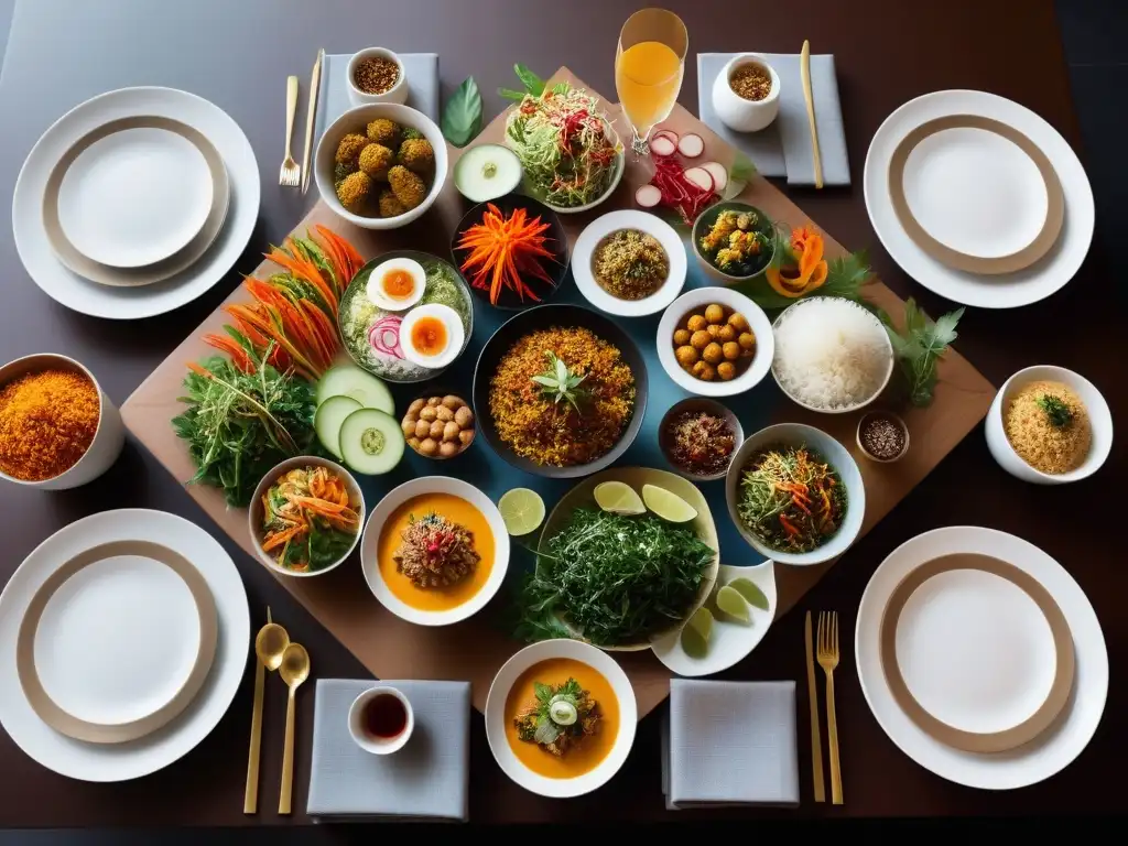 Un festín vegano vibrante que combina platos sudeste asiáticos en una mesa moderna y elegante