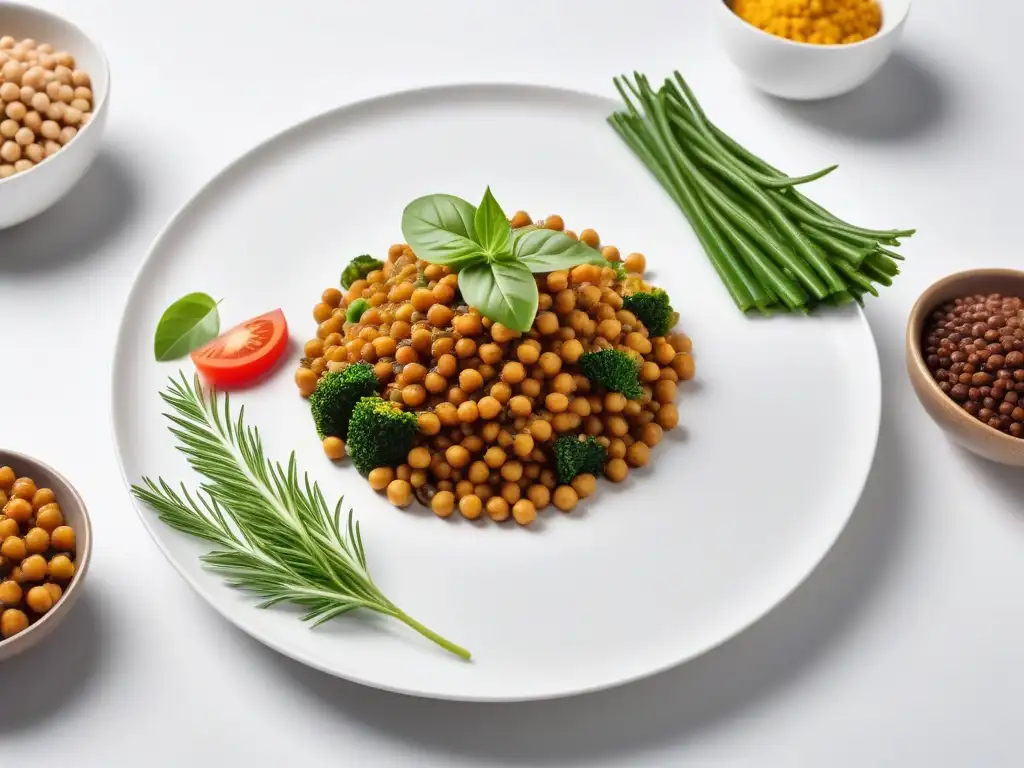 Delicias veganas: legumbres en colores vibrantes Un festín vegano vibrante con recetas veganas con legumbres en un plato blanco elegante