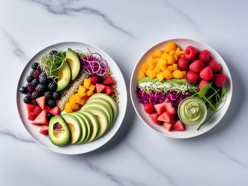 Un festín vegano vibrante con recetas almuerzos veganos fríos en plato blanco moderno