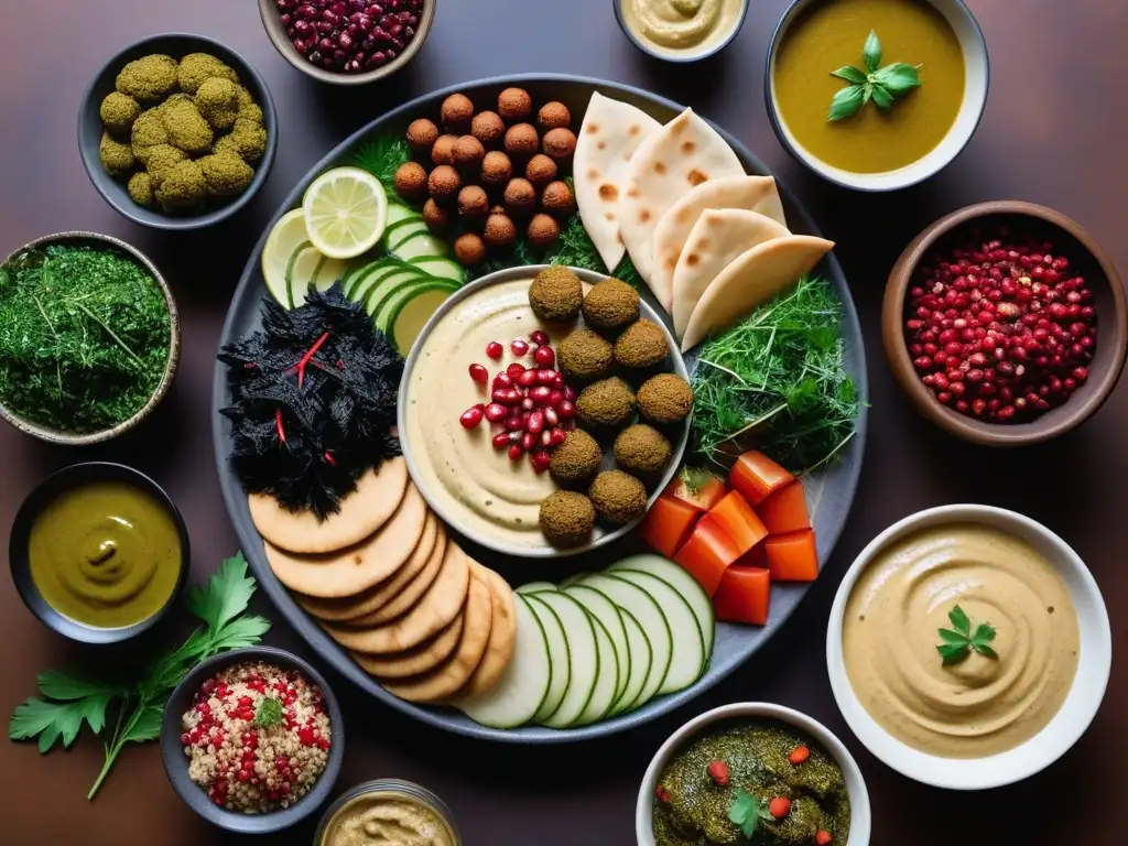 Un festín vegano vibrante del Medio Oriente con falafel, hummus, tabbouleh, hojas de parra, baba ghanoush y pan pita