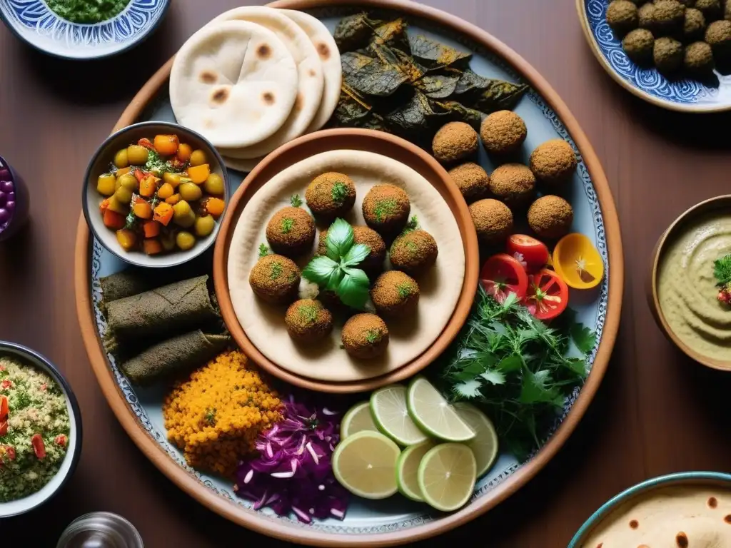 Un festín vegano vibrante de Medio Oriente con falafel, hummus, tabbouleh y decoración elegante