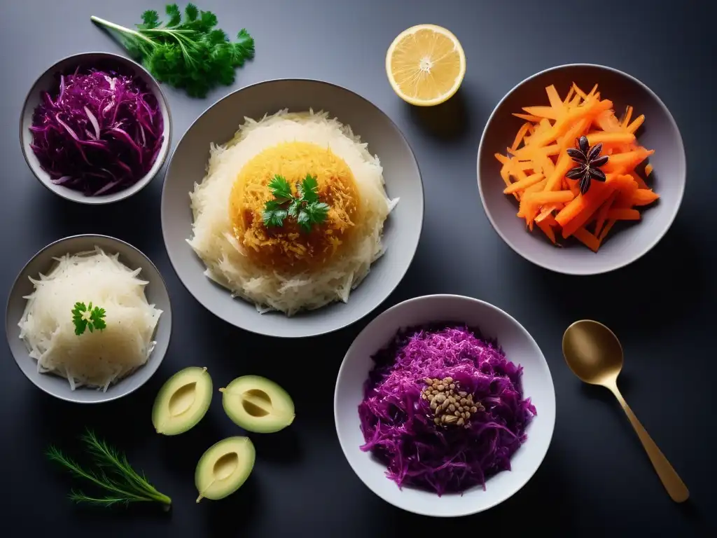 Un festín vegano de fermentación de sauerkraut con vibrantes colores y texturas, en una cocina moderna y luminosa