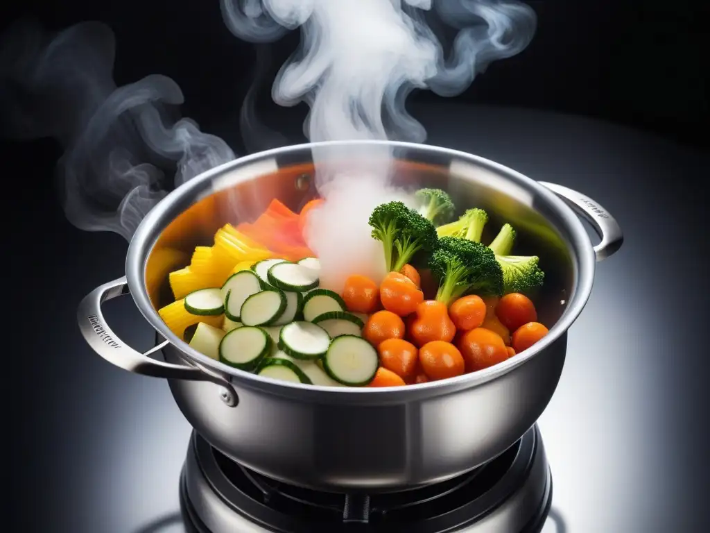 Un festín de vegetales coloridos cocinados al vapor en una vaporera de acero inoxidable, mostrando la belleza de la cocina al vapor recetas veganas