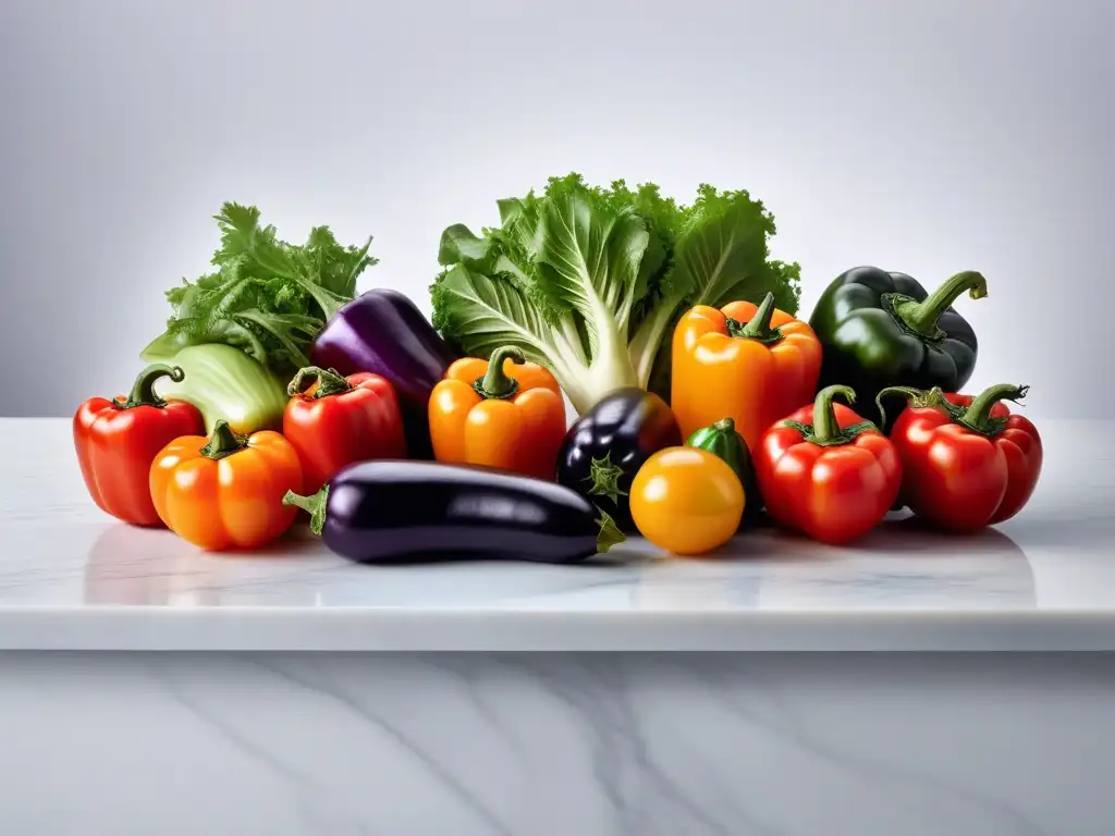 Un festín de vegetales frescos y vibrantes en un elegante mostrador de mármol blanco