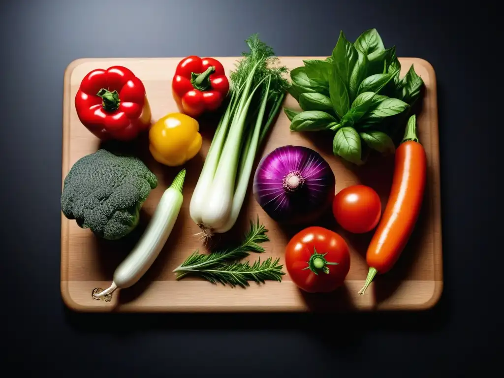 Un festín de verduras y hierbas frescas en una tabla de corte moderna