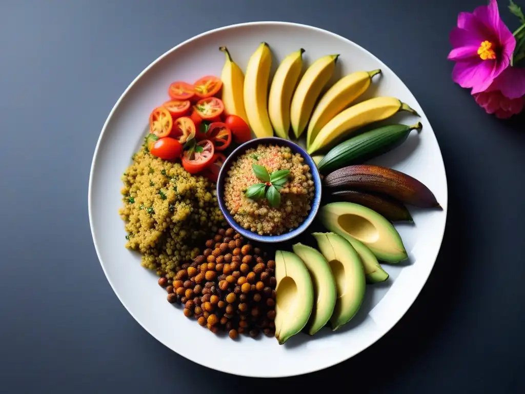 Un festín vibrante y colorido de fusión culinaria africana vegana, con plátanos, quinoa, okra y berbere, en plato cerámico moderno