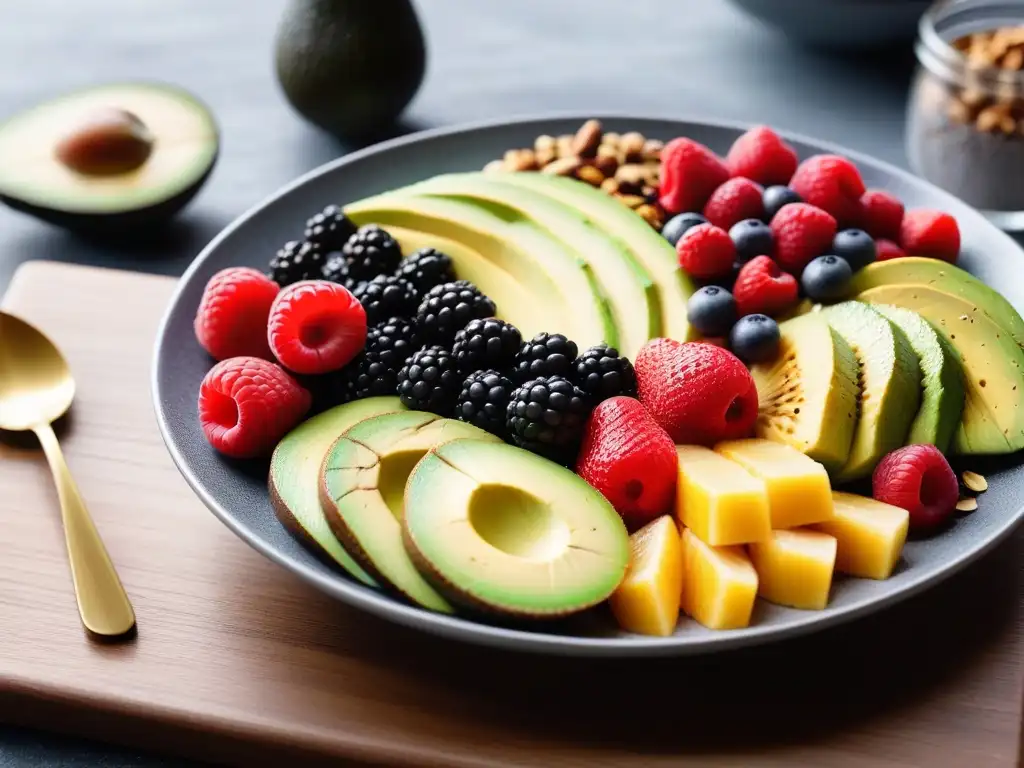 Un festín vibrante de desayunos veganos crudos deliciosos en una mesa moderna de madera