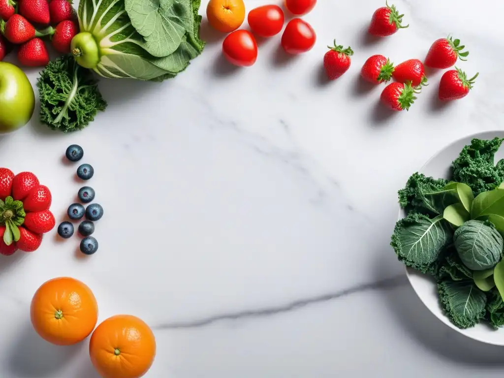 Un festín vibrante de frutas y verduras frescas sobre una encimera de mármol blanco