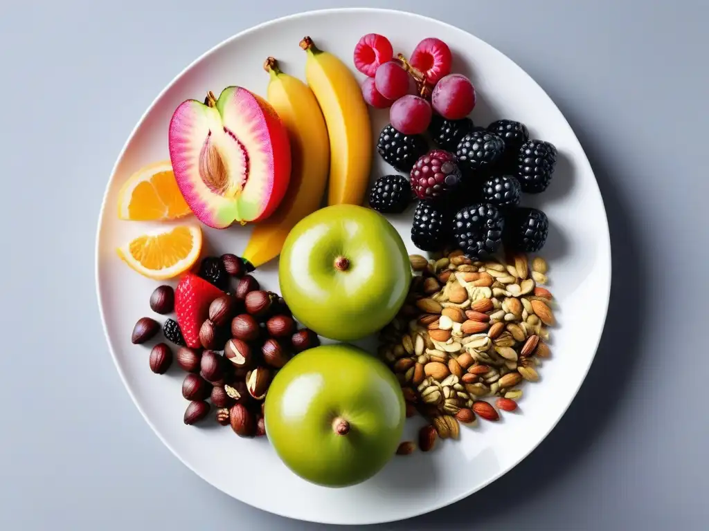 Un festín vibrante de frutas, verduras, nueces y semillas frescas en un plato blanco