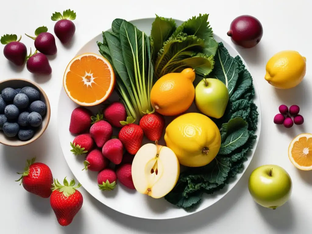 Un festín vibrante y moderno de frutas y verduras coloridas en plato blanco