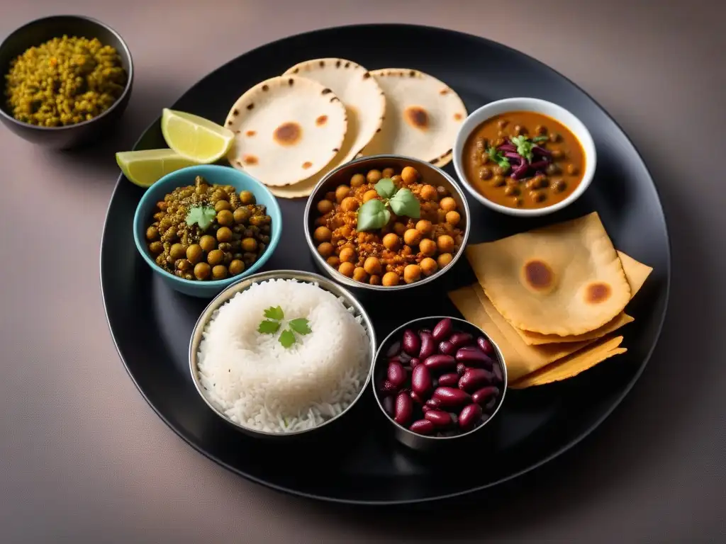 Un festín vibrante y moderno de legumbres en cocina vegana india: thali con platos coloridos y arroz basmati, papadums y chutneys