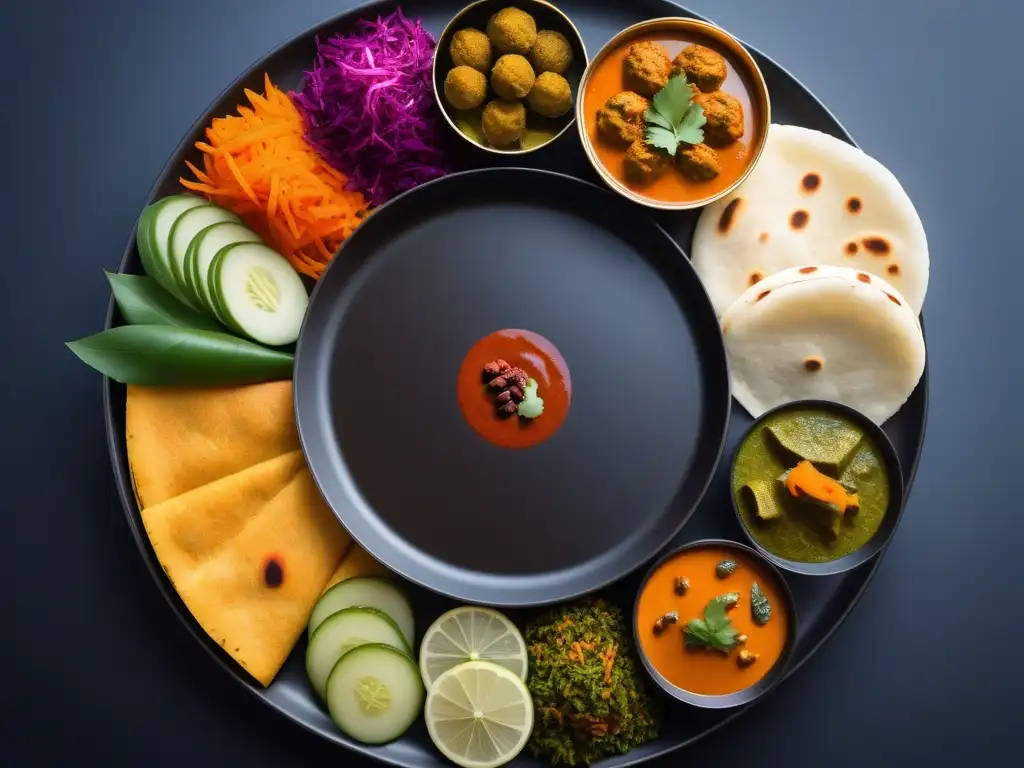 Un festín vibrante de recetas veganas tradicionales de la India en un thali colorido y detallado