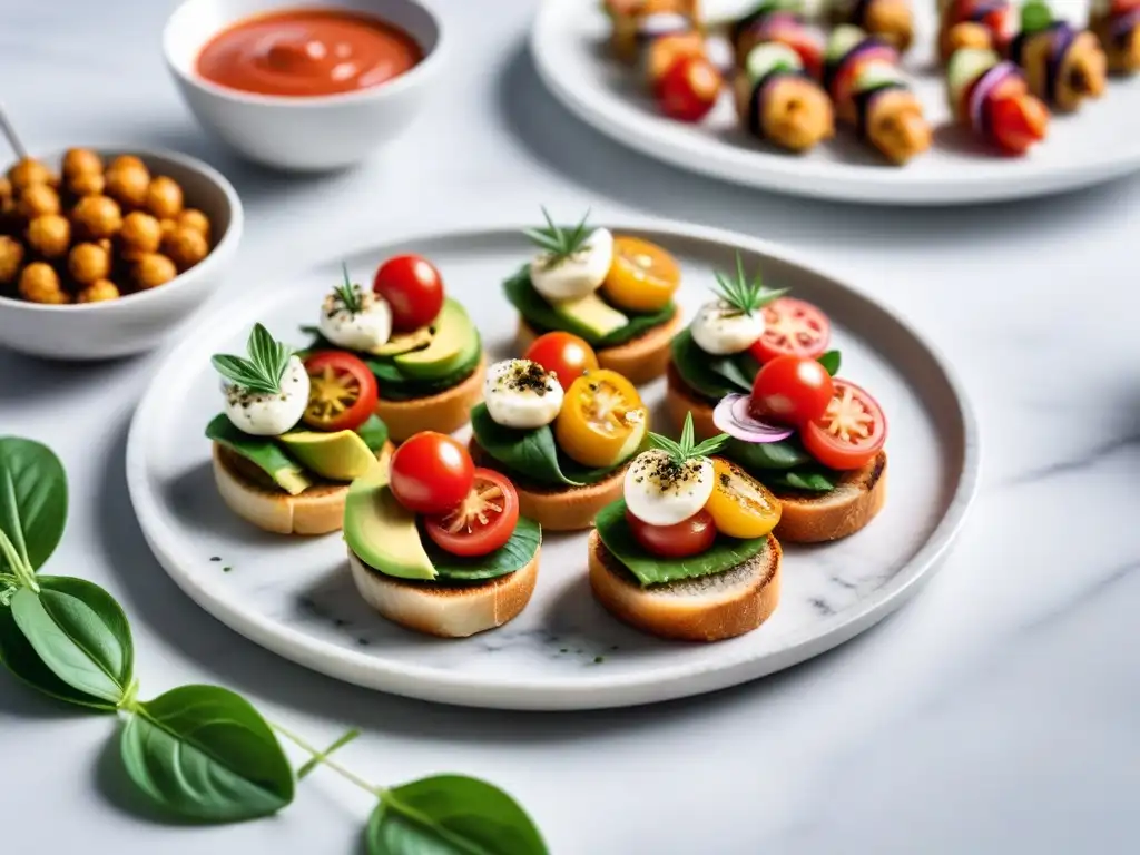 Un festín vibrante de snacks veganos para fiestas: bruschettas de aguacate y tomate, rolls de verduras arcoíris, sliders de garbanzos con mayo picante, y brochetas caprese mini con mozzarella sin lácteos, decorados con hierbas frescas y flores comestibles en