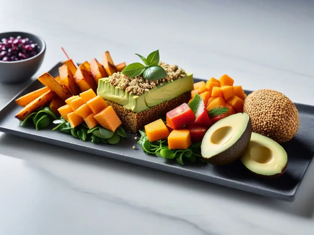 Un festín vibrante de snacks veganos para no veganos en un elegante plato de mármol, resaltando colores y texturas