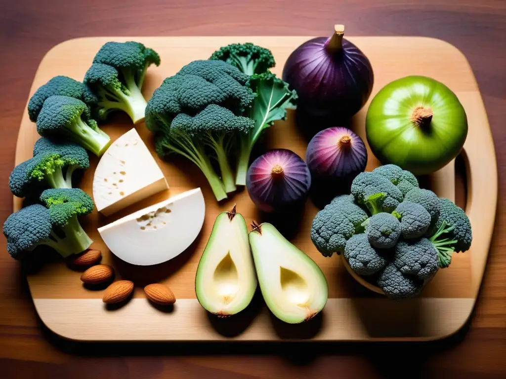 Un festín visual de alimentos ricos en calcio en una tabla de madera, perfecto para una dieta vegana rica en calcio