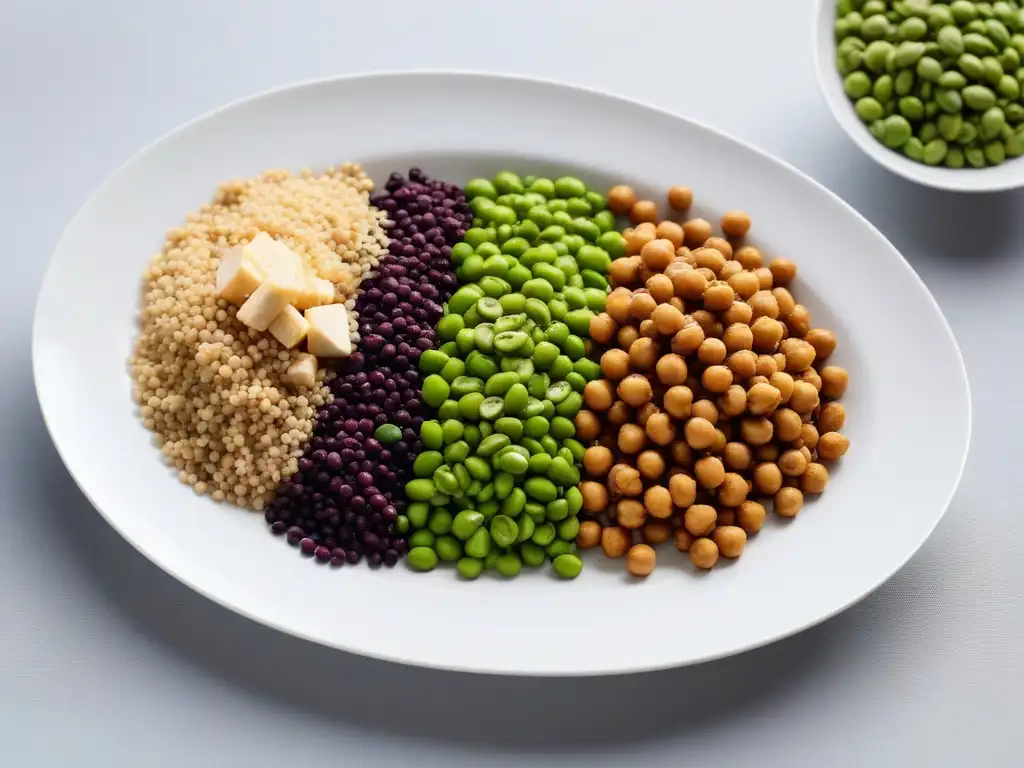 Un festín visual de alternativas veganas sorprendentes: quinoa, tofu, lentejas, garbanzos y edamame en un plato blanco minimalista