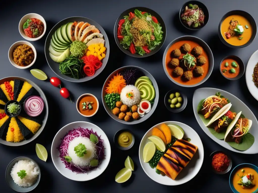 Un festín visual de aplicaciones gastronomía vegana mundial, platos coloridos y diversidad culinaria en una mesa moderna