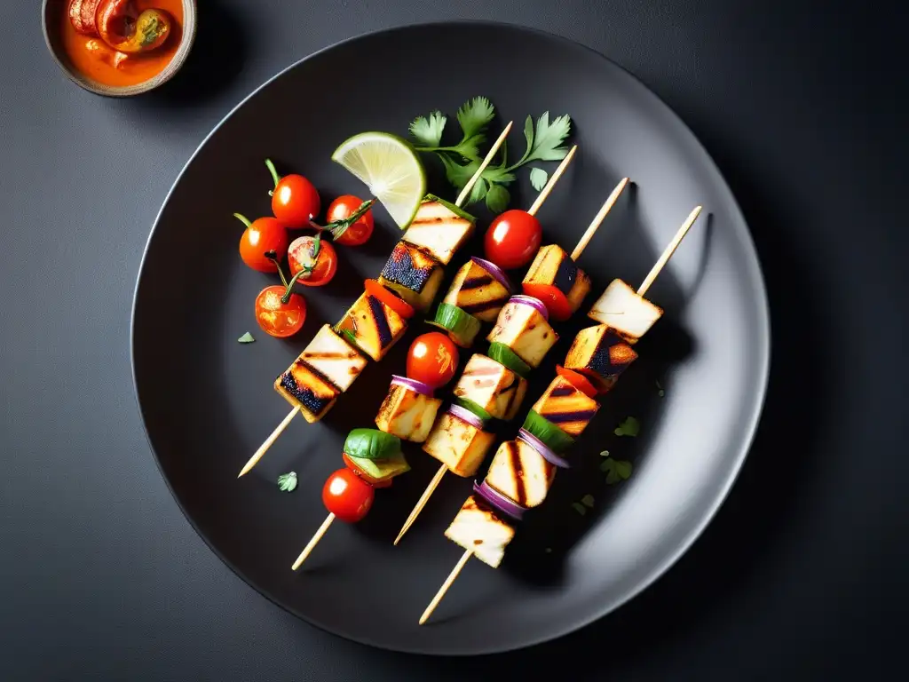 Un festín visual de brochetas de paneer tikka vegano, con colores vibrantes y texturas tentadoras en un plato blanco sobre fondo oscuro