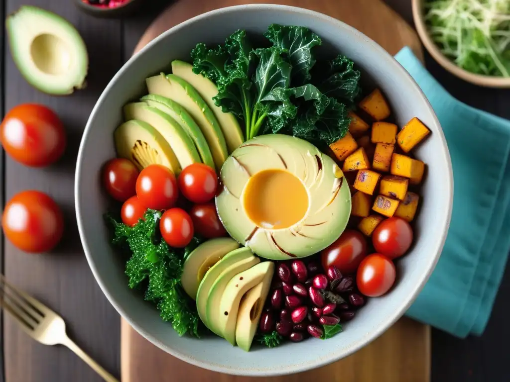 Un festín visual de colores y texturas en un bowl vegano, ideal para recetas veganas creativas y deliciosas