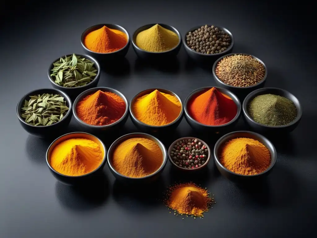 Un festín visual de especias indias: cúrcuma, comino, cilantro y garam masala en cuencos de cerámica sobre encimera de granito negro