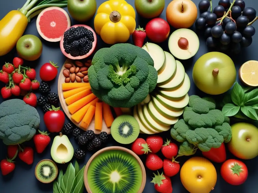 Un festín visual de frutas y verduras vibrantes destaca la salud de una dieta vegana, mitigando antinutrientes