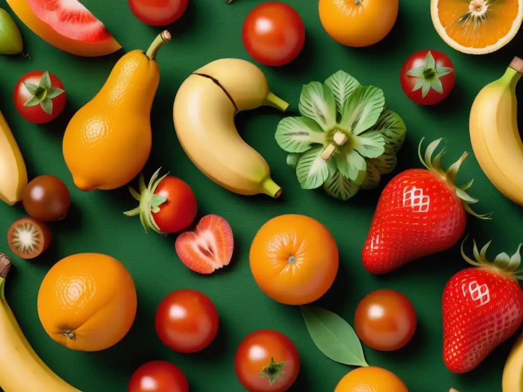 Un festín visual de frutas y verduras veganas alergia en un diseño geométrico moderno y vibrante, detallado y colorido